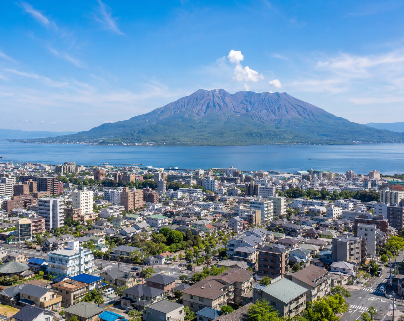 桜島と鹿児島の街並みを望む俯瞰風景