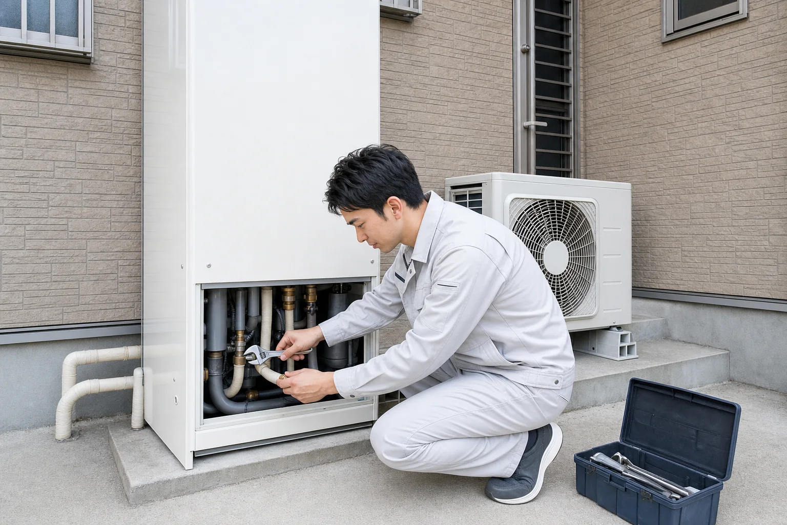 スタッフが戸建て住宅でエコキュートを交換するイメージ写真