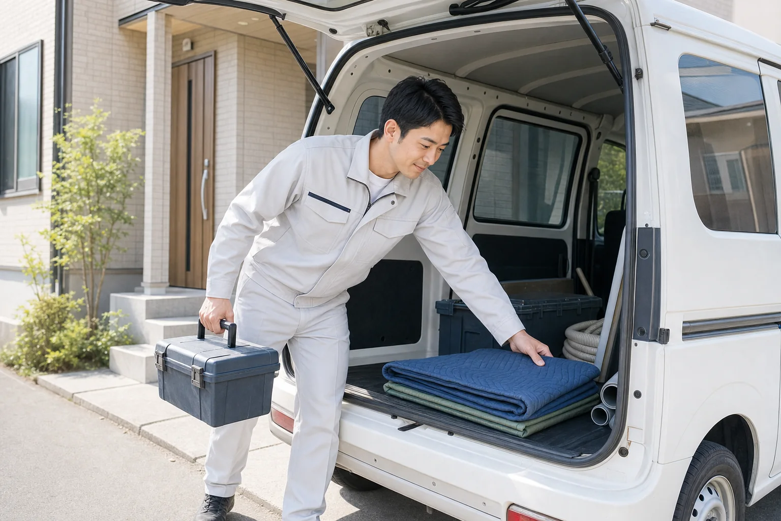 担当者がサービス車両から工具を準備するイメージ写真