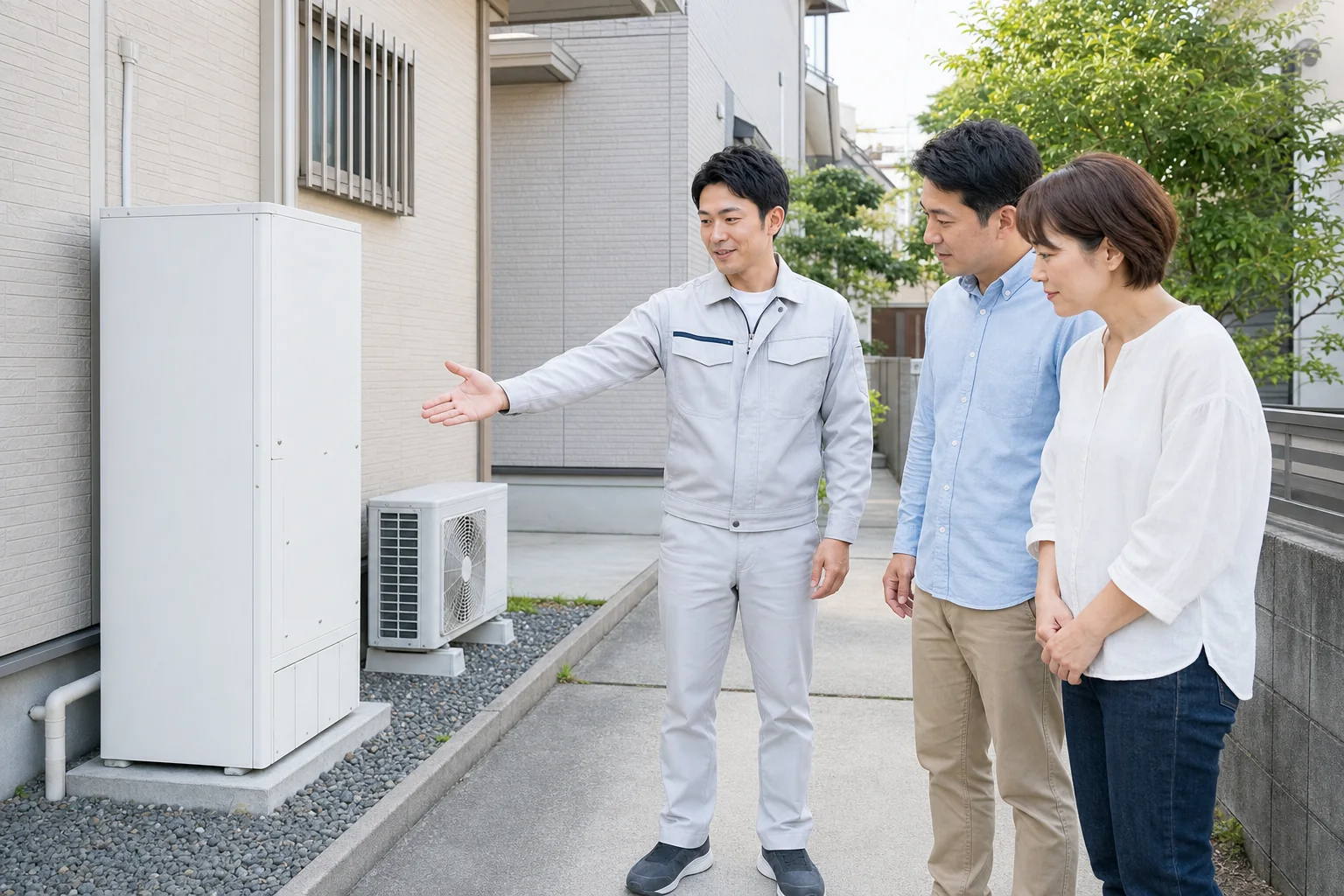 担当者が戸建て住宅の設置場所を案内するイメージ写真